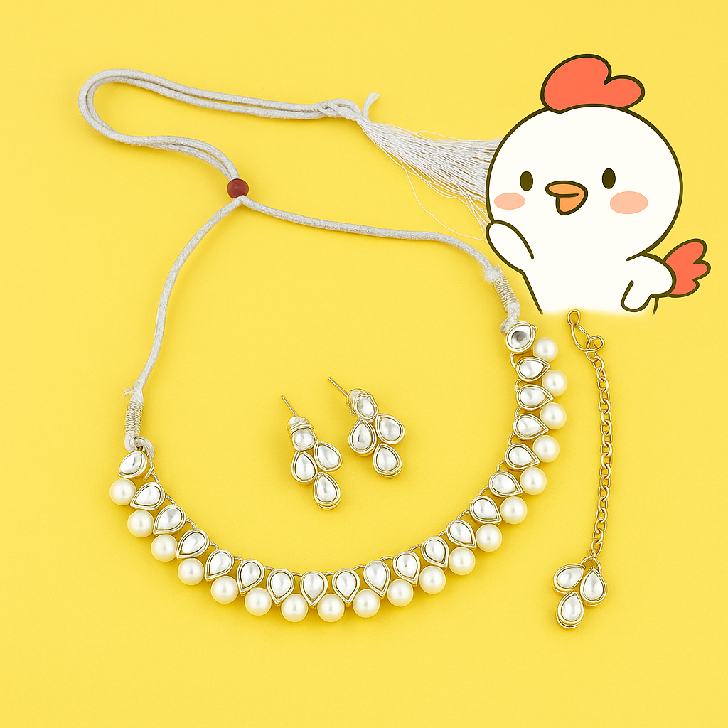 Traditional Pearl & Kundan Necklace Set with Earrings