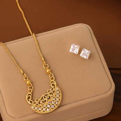 Half Moon Filigree Crystal Chain Pendant