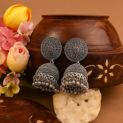 Antique Silver Oxidized Jhumka Earrings