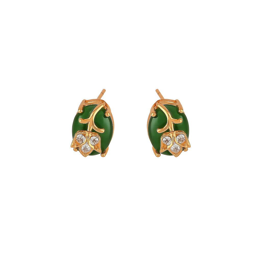 Elegant Green Stone Leaf Design Stud Earrings