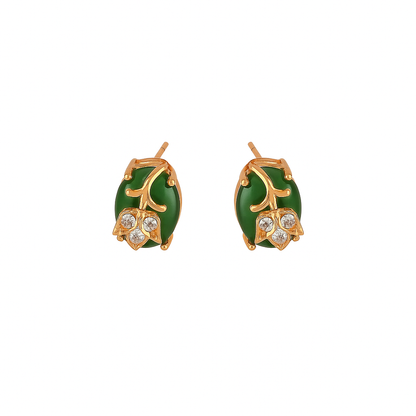 Elegant Green Stone Leaf Design Stud Earrings