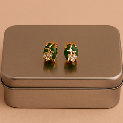 Elegant Green Stone Leaf Design Stud Earrings