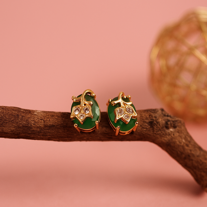 Elegant Green Stone Leaf Design Stud Earrings