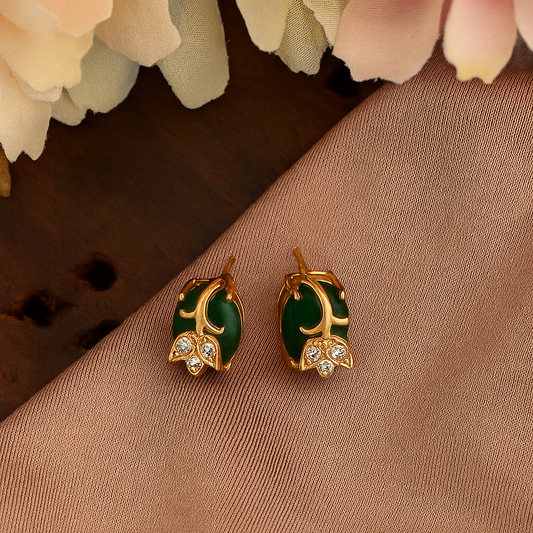 Elegant Green Stone Leaf Design Stud Earrings