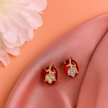 Classy Red Stone Leaf Design Stud Earrings