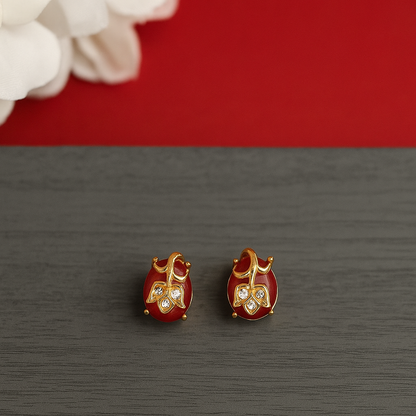 Classy Red Stone Leaf Design Stud Earrings