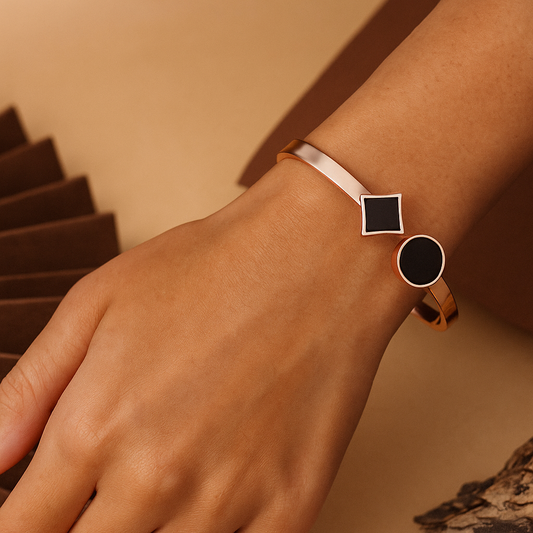 Gold Plated Black Enamel Bracelet – Adjustable Minimalist Bangle