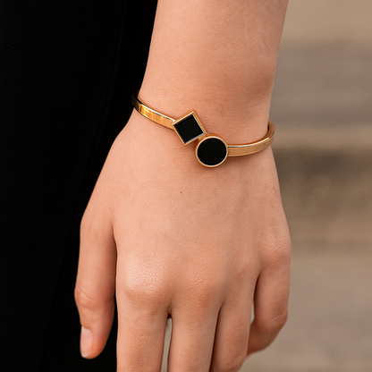 Gold Plated Black Enamel Bracelet – Adjustable Minimalist Bangle