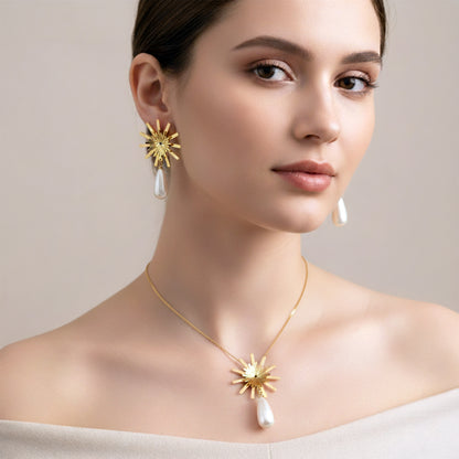Anti-Tarnish Gold Starburst Pendant & Pearl Drop Set