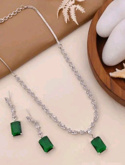 Green Stone AD Rectangle Drop Necklace