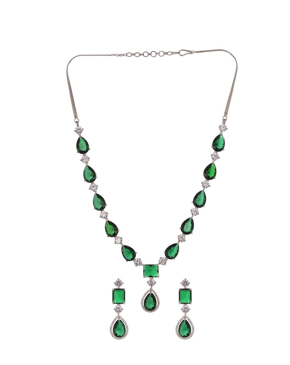 American Diamond Big Drop Wedding Necklace (Green)