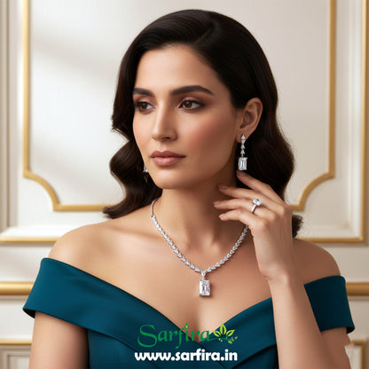 White American Diamond Rectangle Pendant Necklace