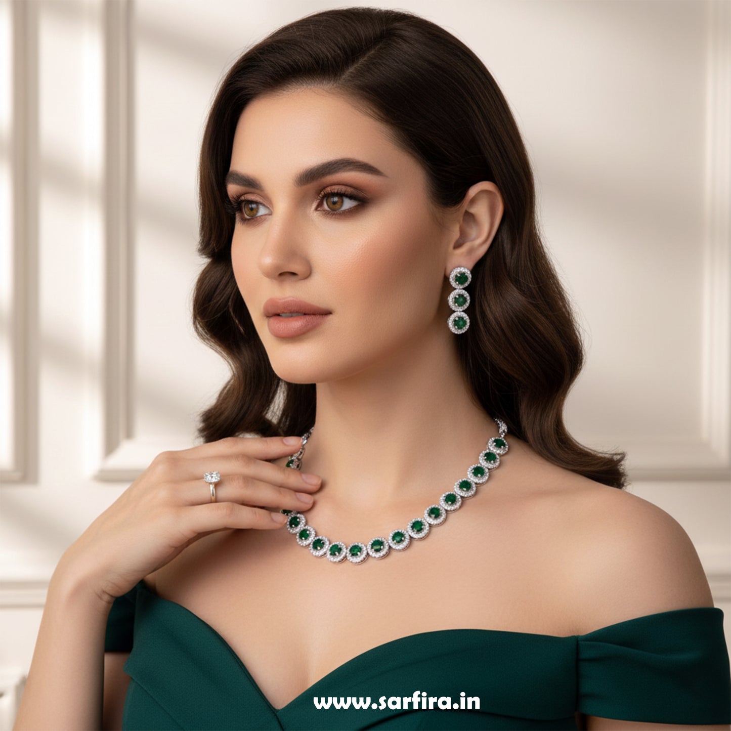 Green Stone Round Halo Necklace