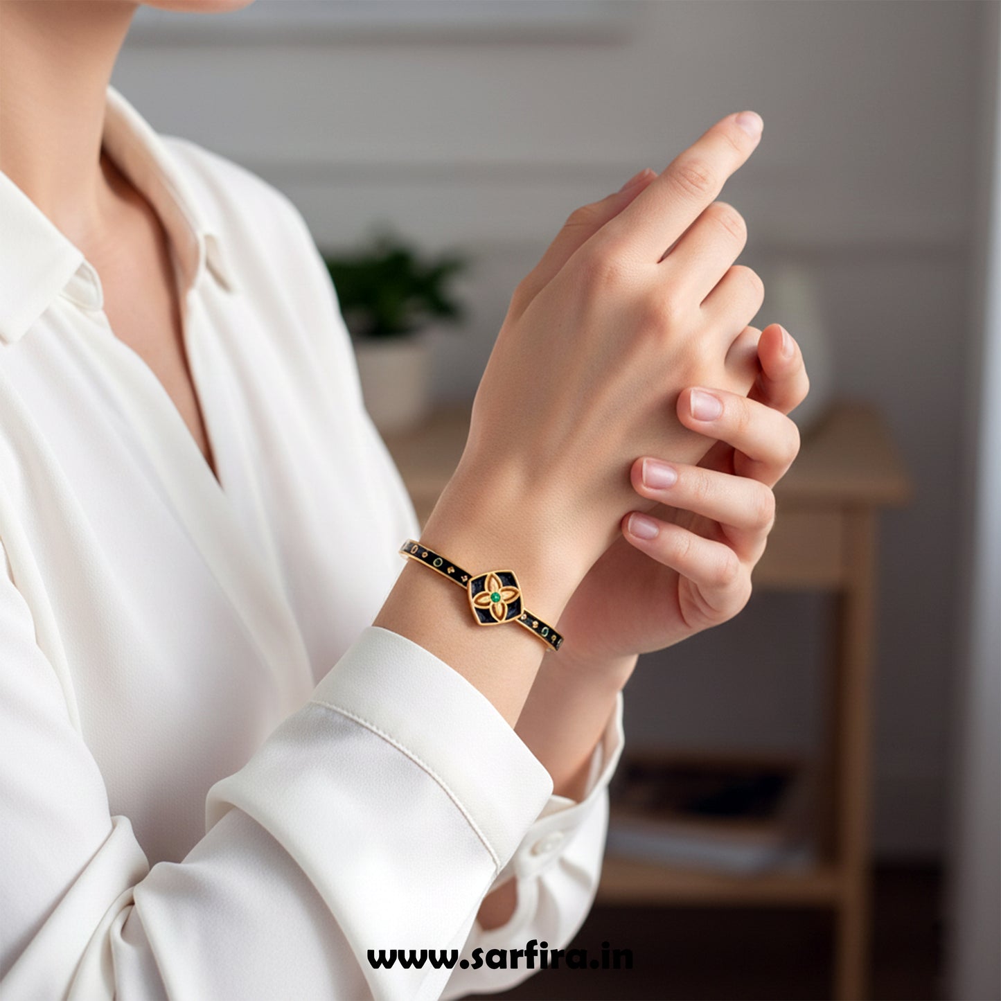 Black Enamel Flower Kada Bracelet