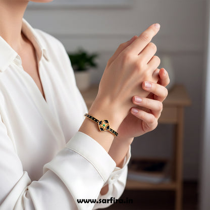 Black Enamel Flower Kada Bracelet