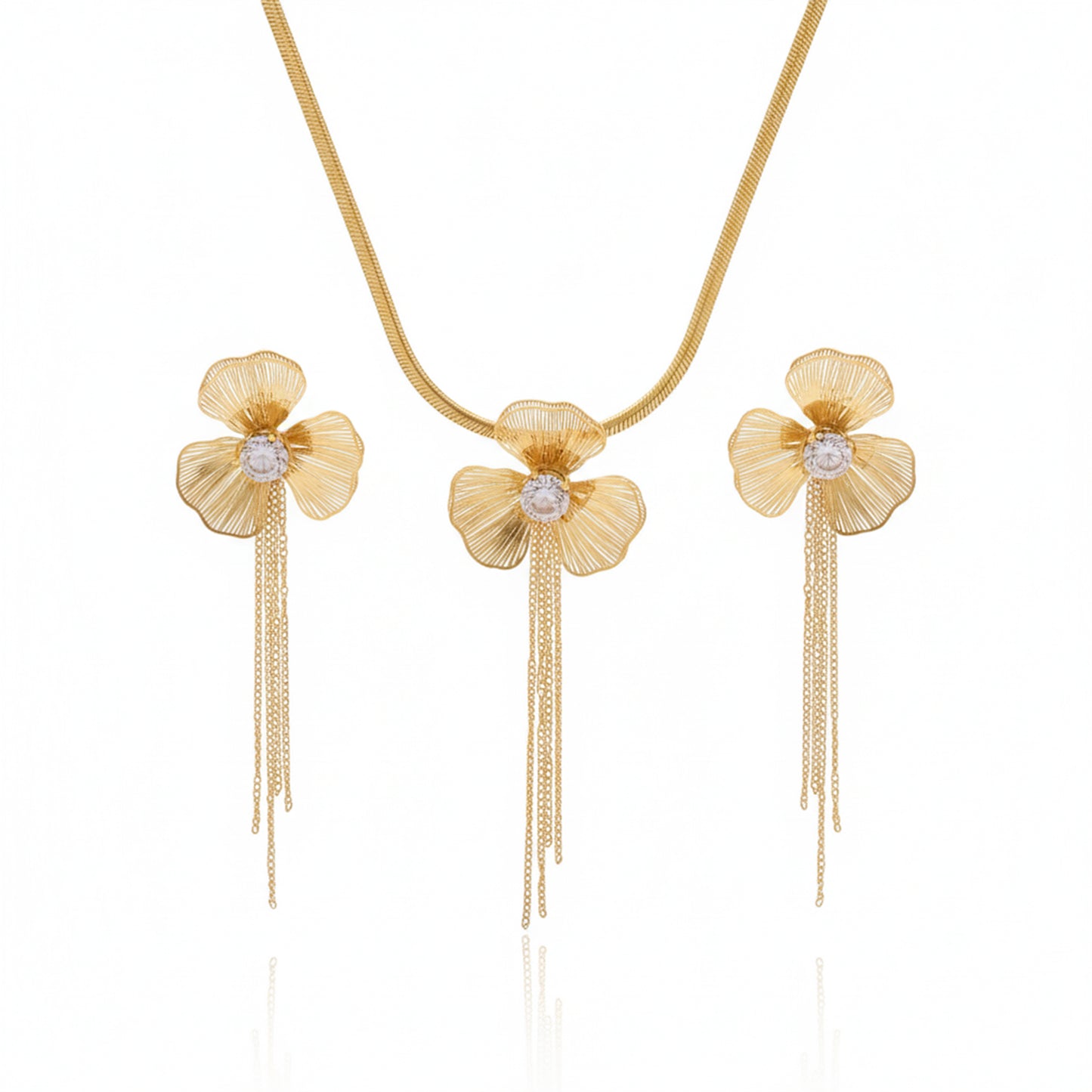 Anti-Tarnish Gold Flower Tassel Necklace & Earring Set