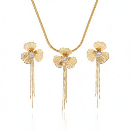 Anti-Tarnish Gold Flower Tassel Necklace & Earring Set