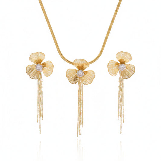 Anti-Tarnish Gold Flower Tassel Necklace & Earring Set