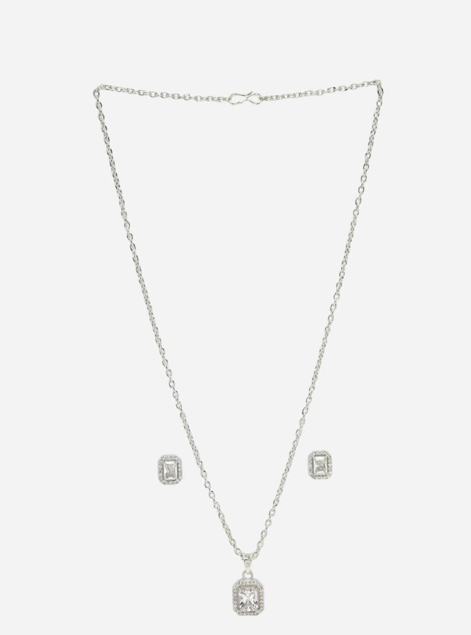 Atarangi Square Crystal Pendant & Earring Set – Silver Chain Jewelry