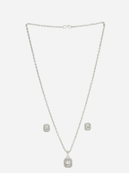 Atarangi Square Crystal Pendant & Earring Set – Silver Chain Jewelry