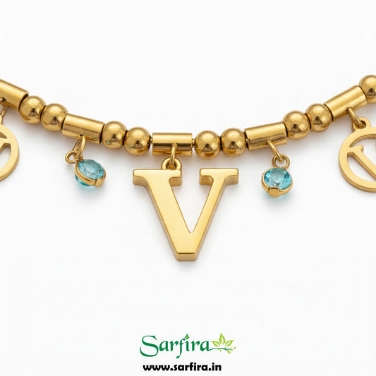 Initial V Charm Beaded Bracelet