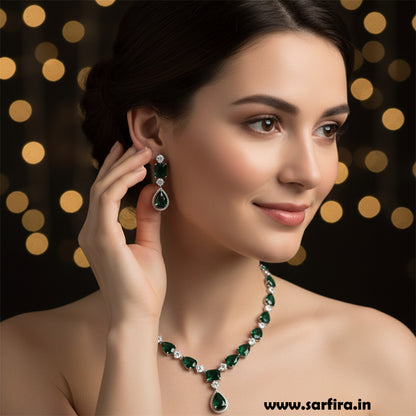 American Diamond Big Drop Wedding Necklace (Green)