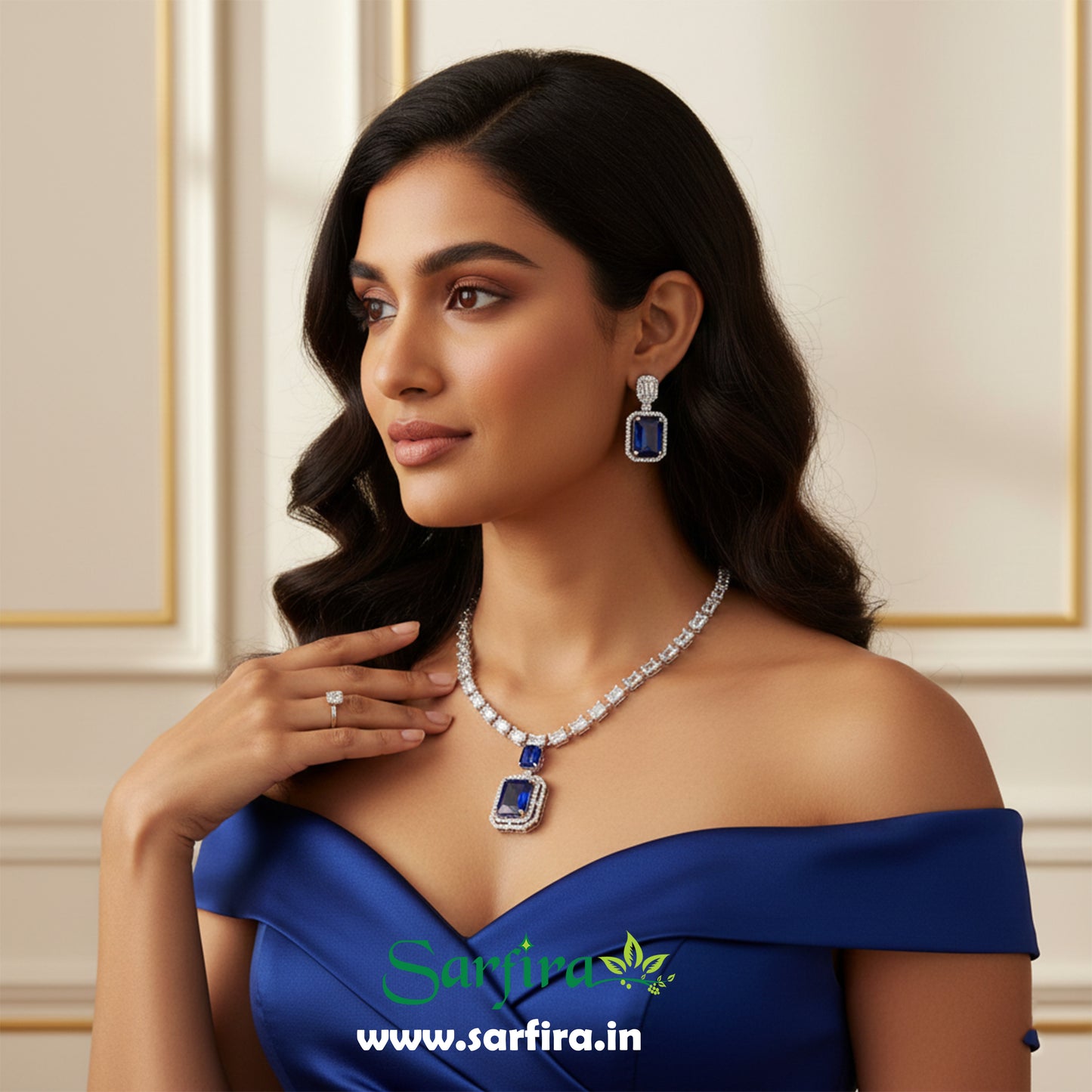 Blue Stone AD Big Drop Statement Necklace