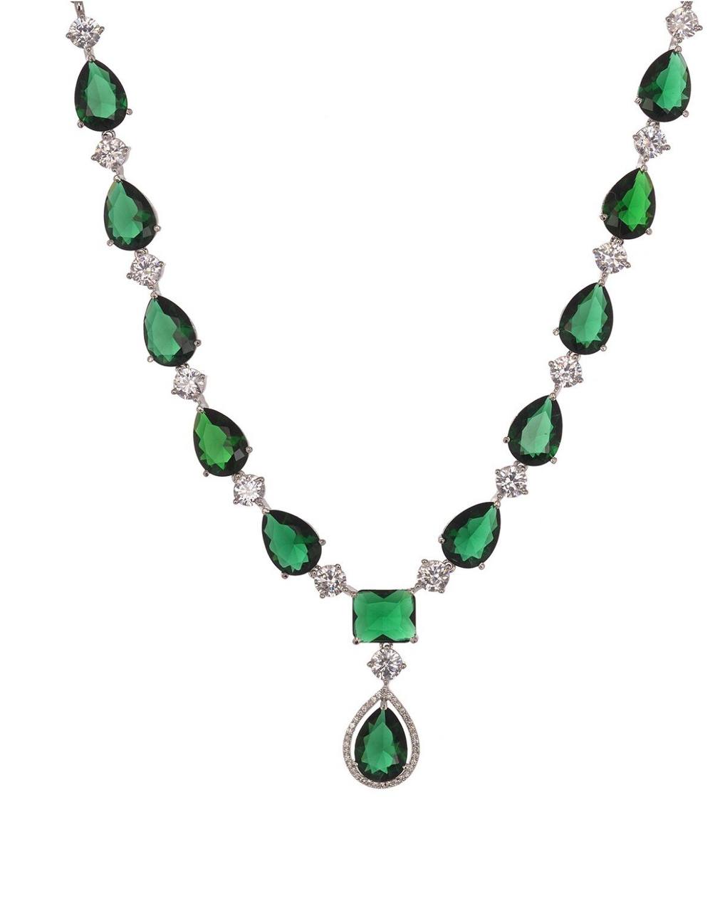 American Diamond Big Drop Wedding Necklace (Green)
