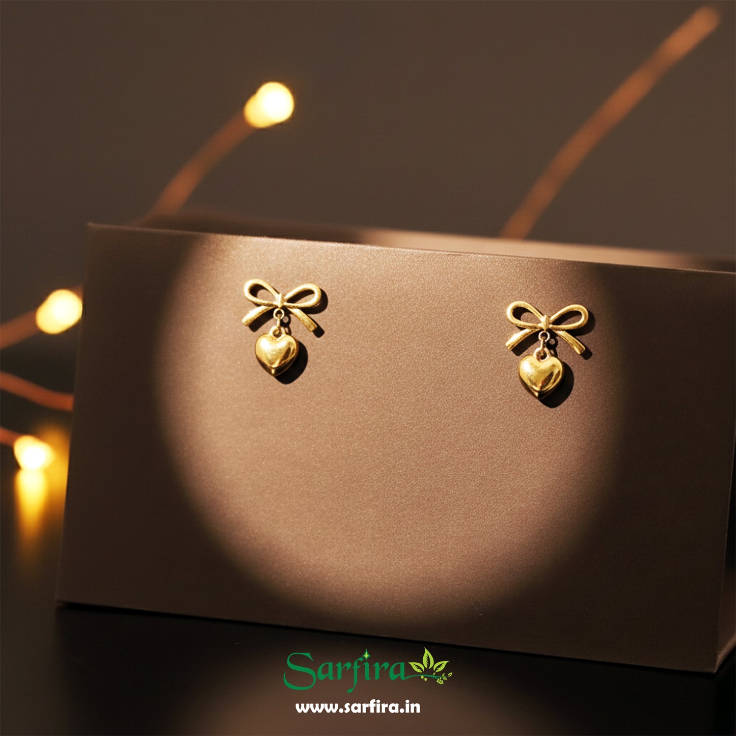 Gold Bow Tie Heart Drop Stud Earrings