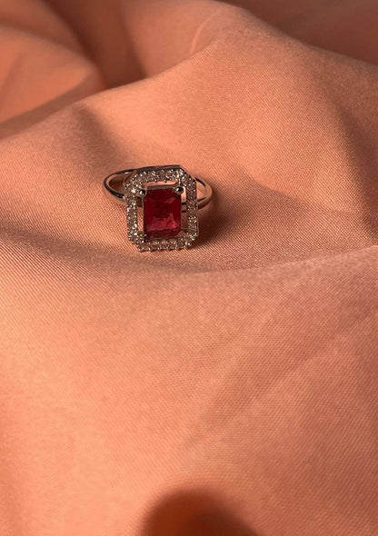 Red Stone Halo Diamond Ring for Women