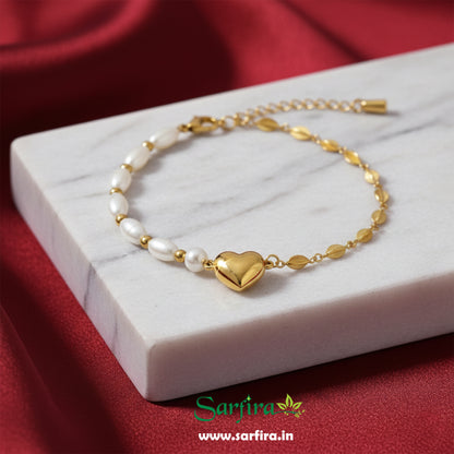 Anti-Tarnish Gold Half Pearl Half Leaf Bracelet