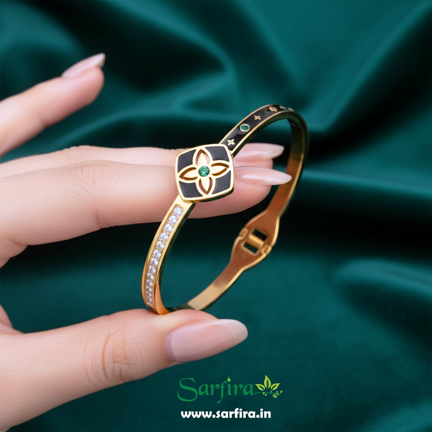 Black Enamel Flower Kada Bracelet