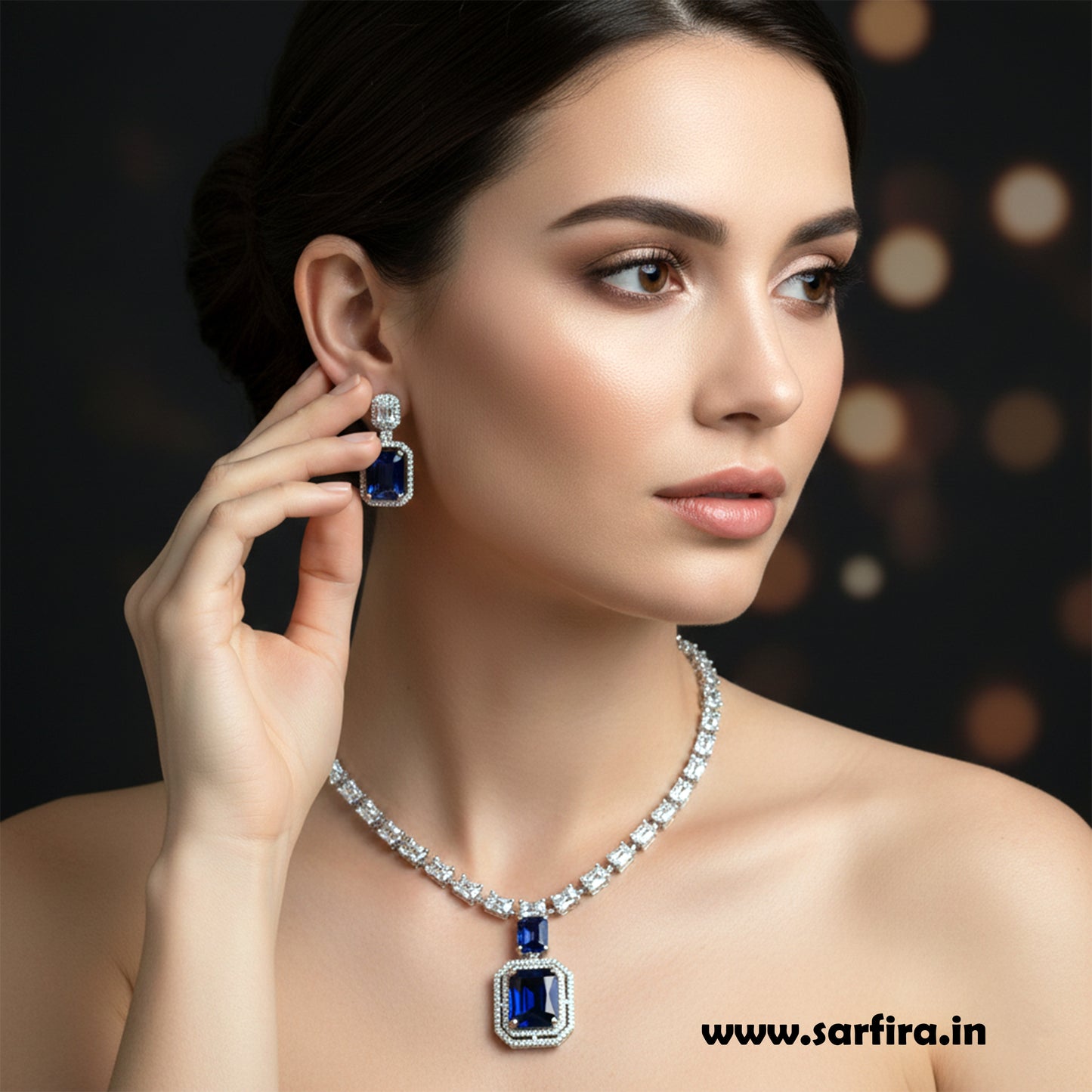 Blue Stone AD Big Drop Statement Necklace