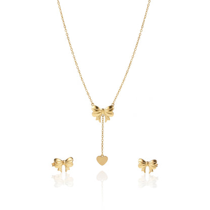 Gold Bow Tie Lariat Necklace & Stud Set