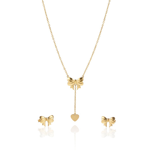 Gold Bow Tie Lariat Necklace & Stud Set