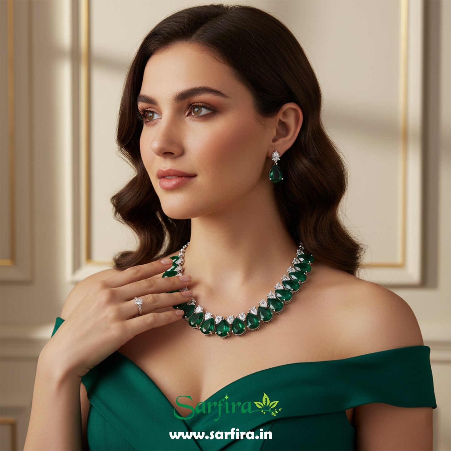 Green Stone AD Tear Drop Necklace