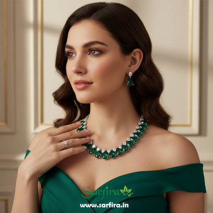 Green Stone AD Tear Drop Necklace