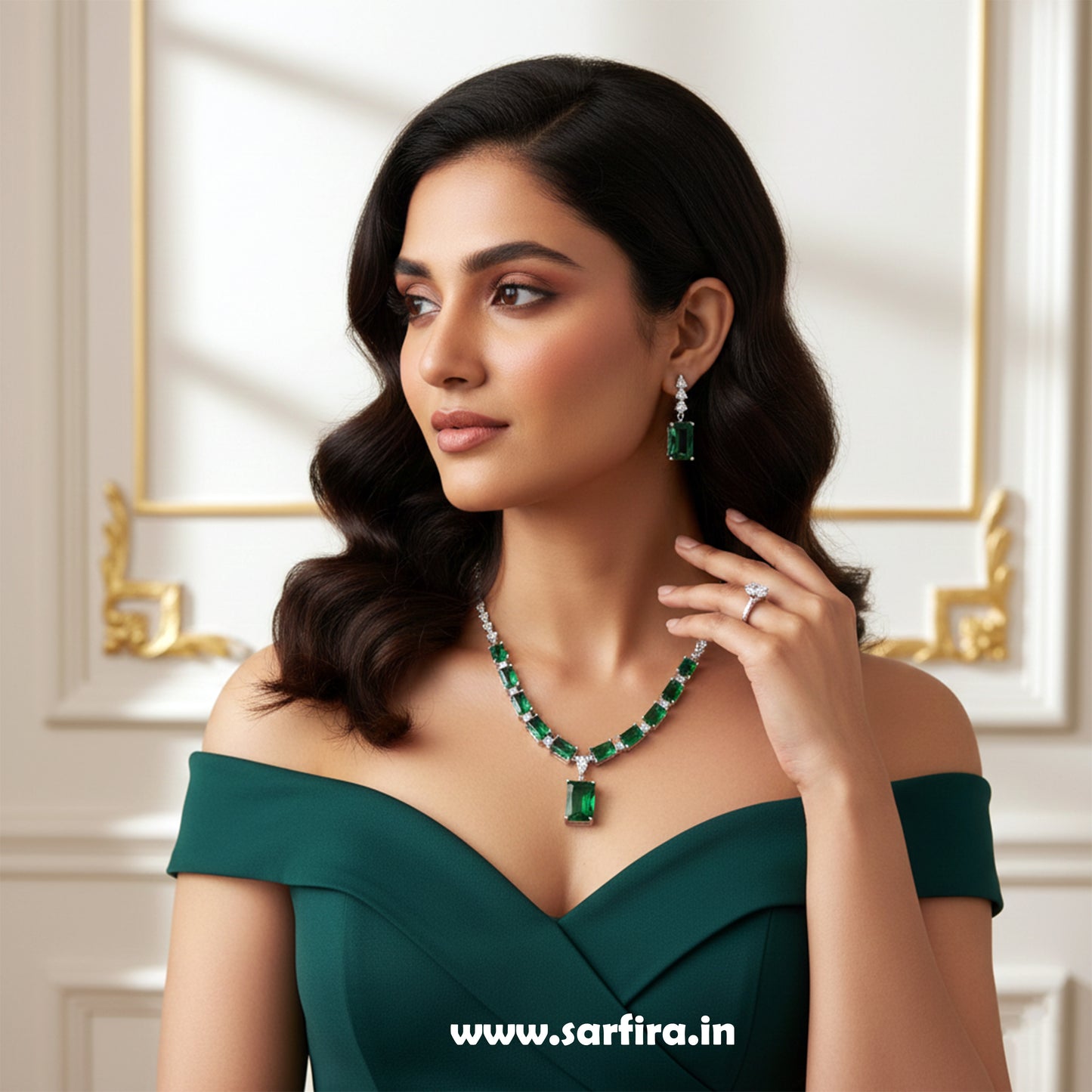 Green Stone AD Rectangle Drop Necklace