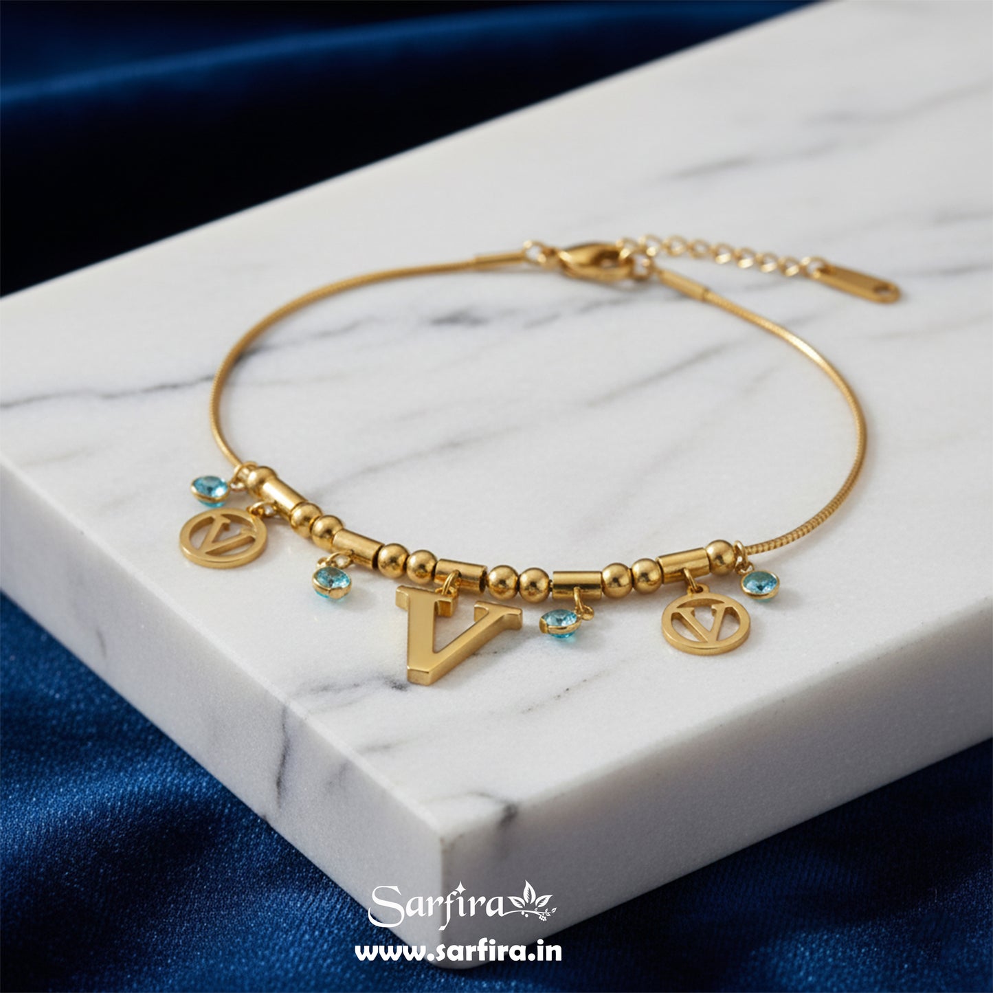Initial V Charm Beaded Bracelet