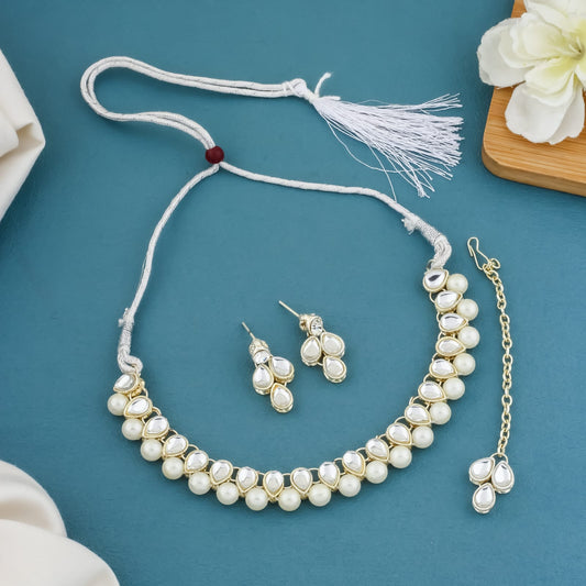 Traditional Pearl & Kundan Necklace Set with Earrings