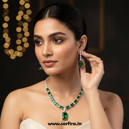 Green Stone AD Rectangle Drop Necklace