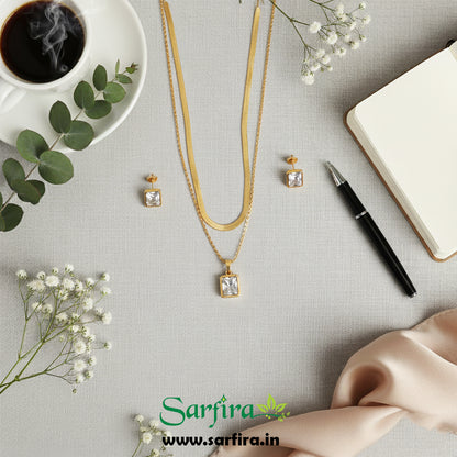 Anti-Tarnish Gold Dual-Layer Necklace & Square Stud Set