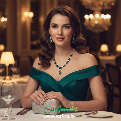 American Diamond Big Drop Wedding Necklace (Green)