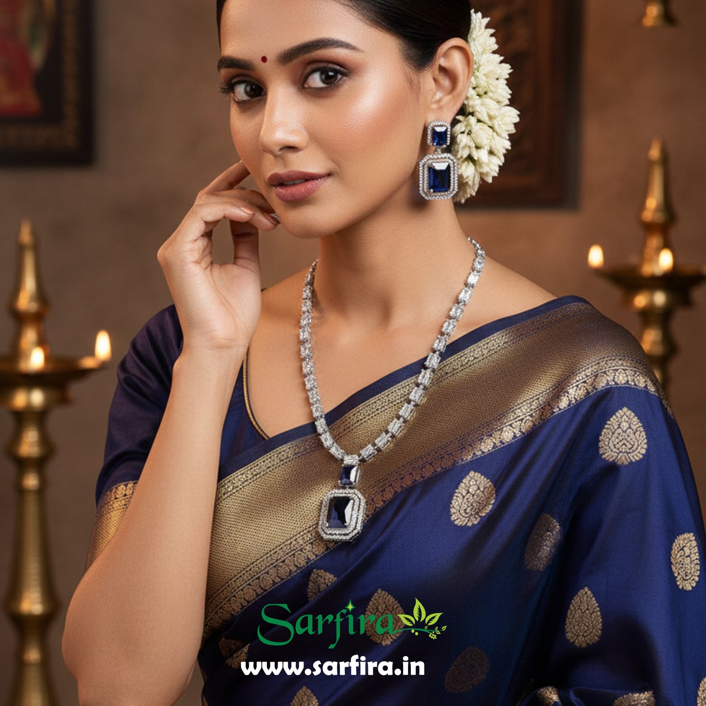 Blue Stone AD Big Drop Statement Necklace