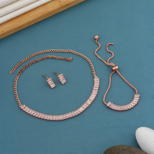 Rose Gold Necklace Set with Bracelet & Earrings