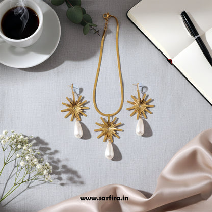 Anti-Tarnish Gold Starburst Pendant & Pearl Drop Set