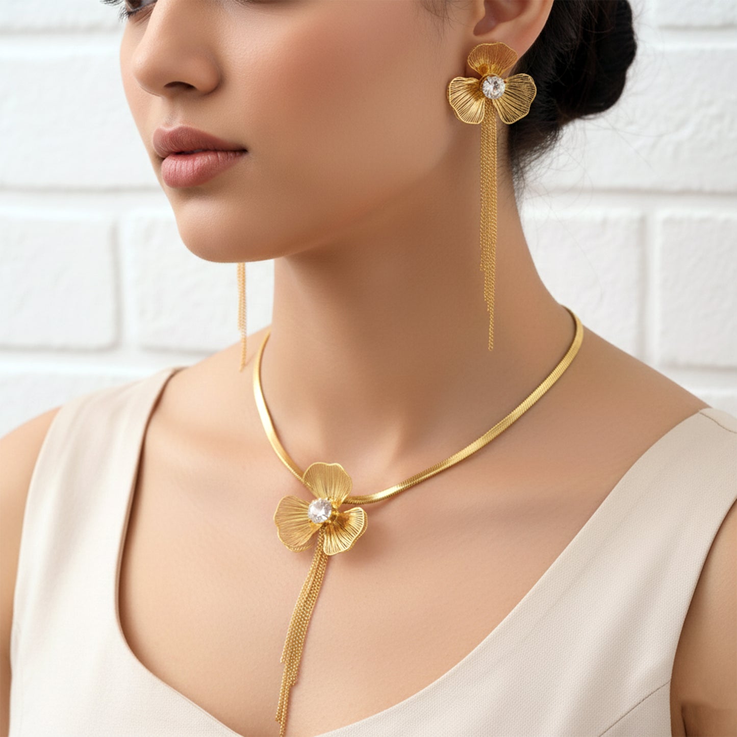 Anti-Tarnish Gold Flower Tassel Necklace & Earring Set