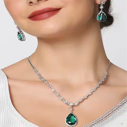 Emerald Green Teardrop Necklace Set with CZ Stones – Wedding & Party Jewelry