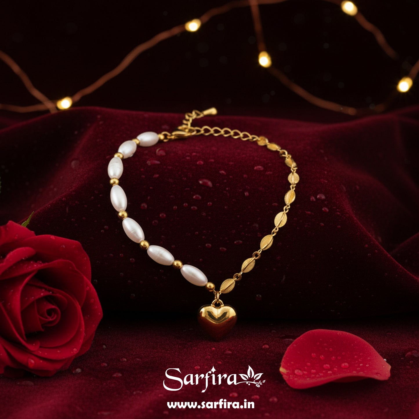 Anti-Tarnish Gold Half Pearl Half Leaf Bracelet