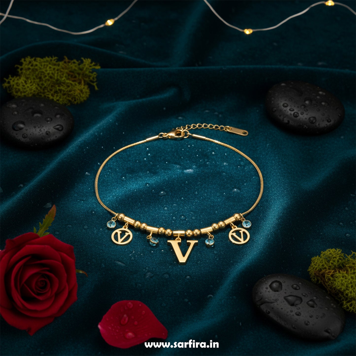 Initial V Charm Beaded Bracelet